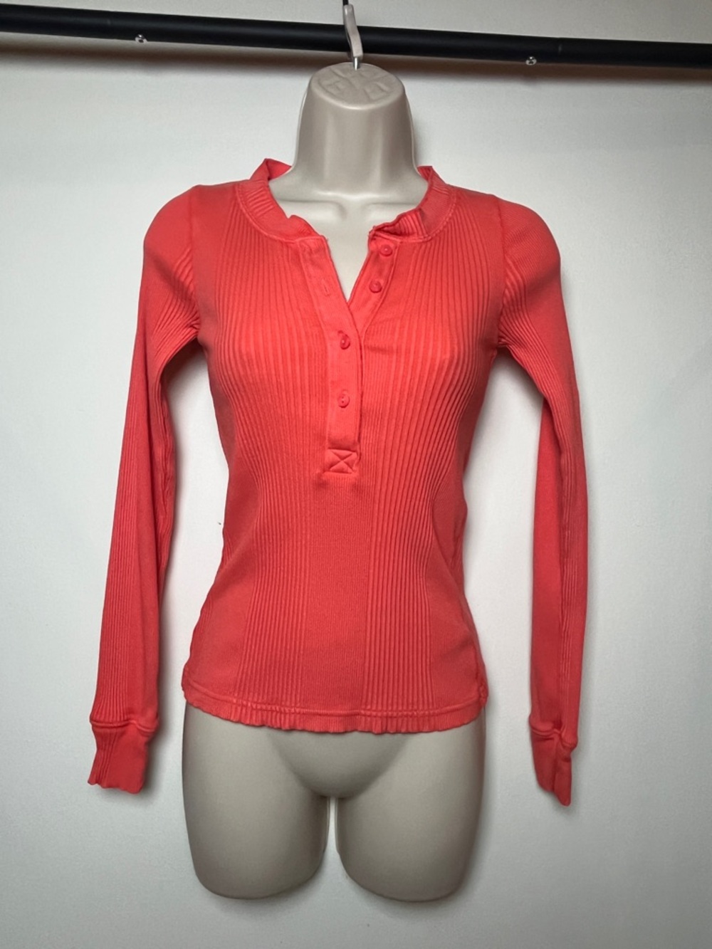 Aerie Y2K Coral Ribbed Long-Sleeve Henley Top Stretch Loungewear